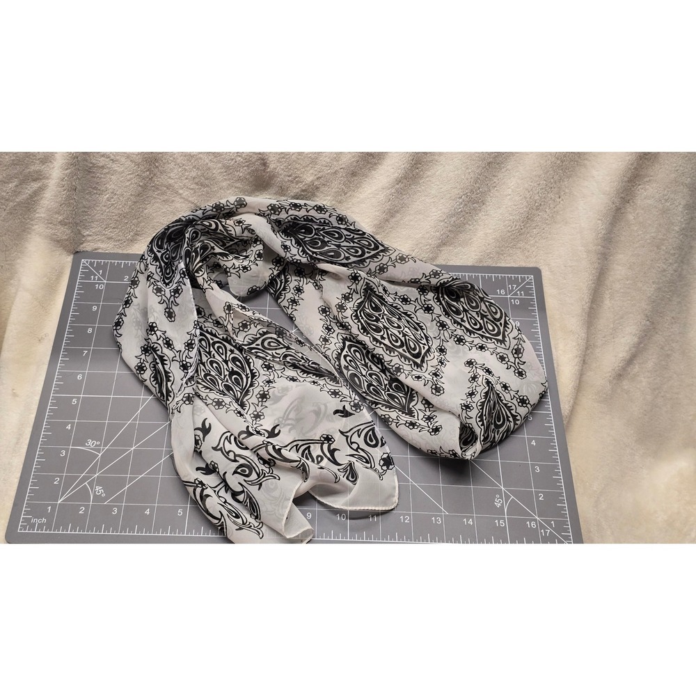White Black Paisley Floral Sheer Lightweight Scarf Rectangular Wrap Bohemian